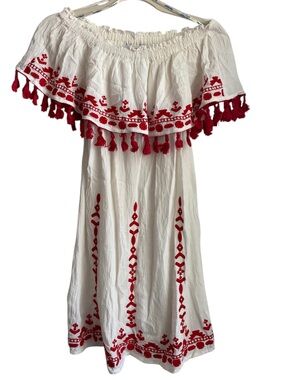 blue island White Dress with Red Embroidery